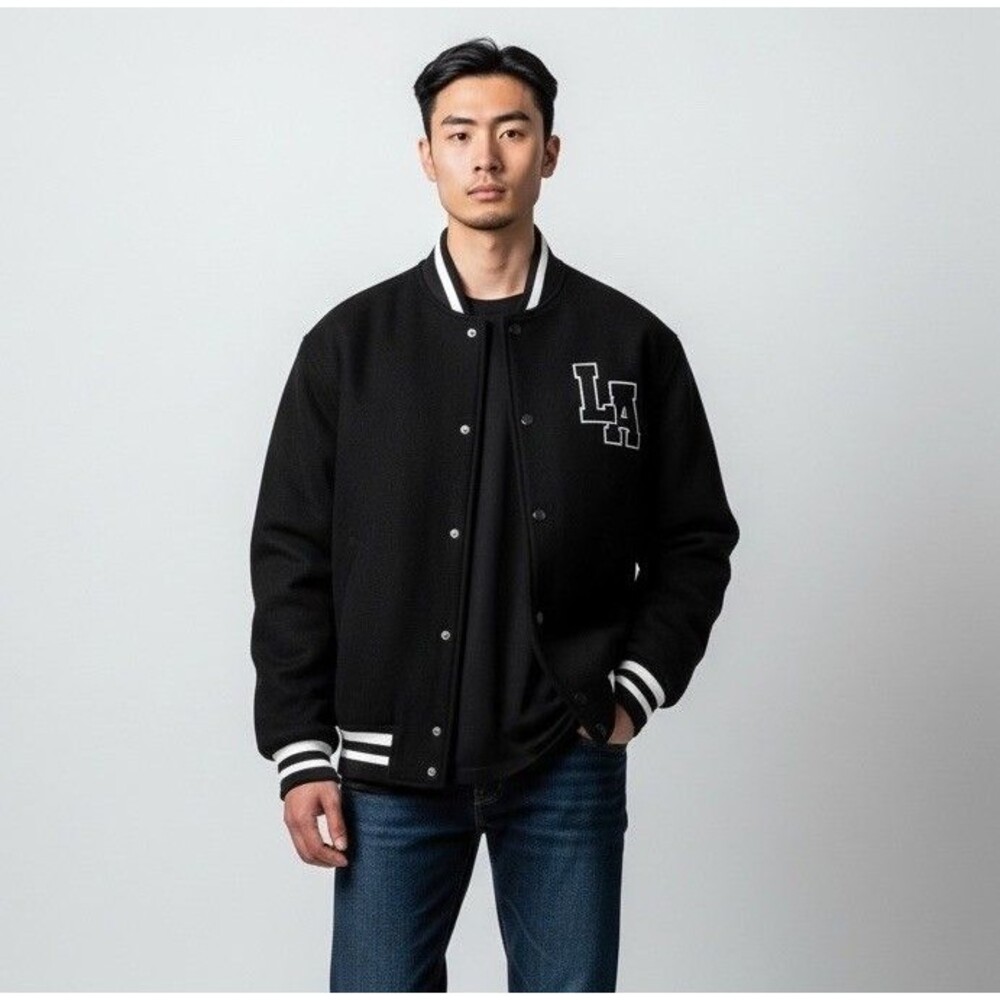 Refuge Black White Fleece Varsity Bomber Streetwear Jacket LA Logo Small